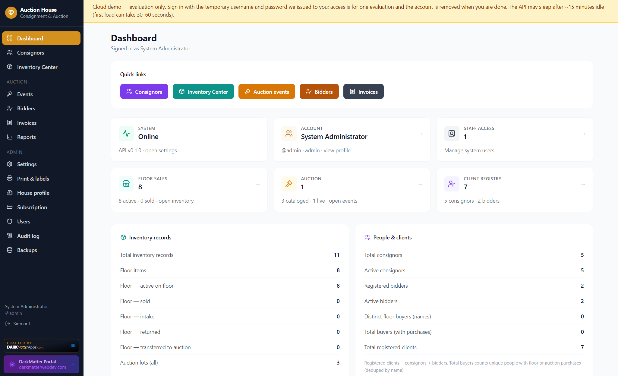 Auction app dashboard preview