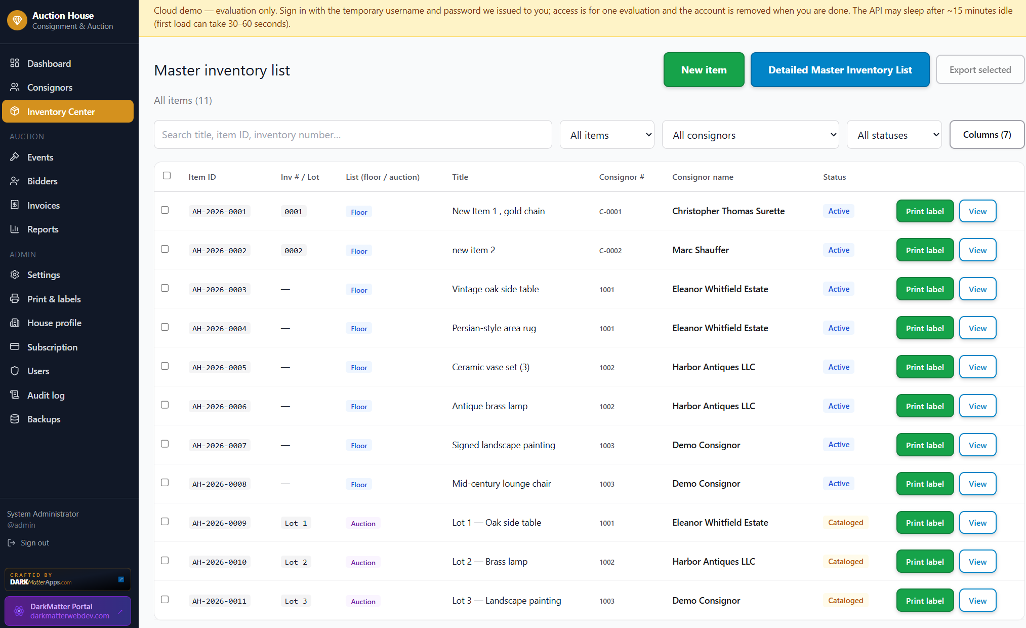 Auction app master inventory list screenshot