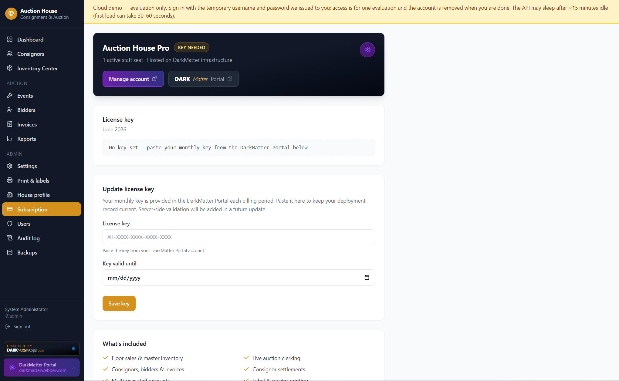 Auction app subscription and license key screenshot