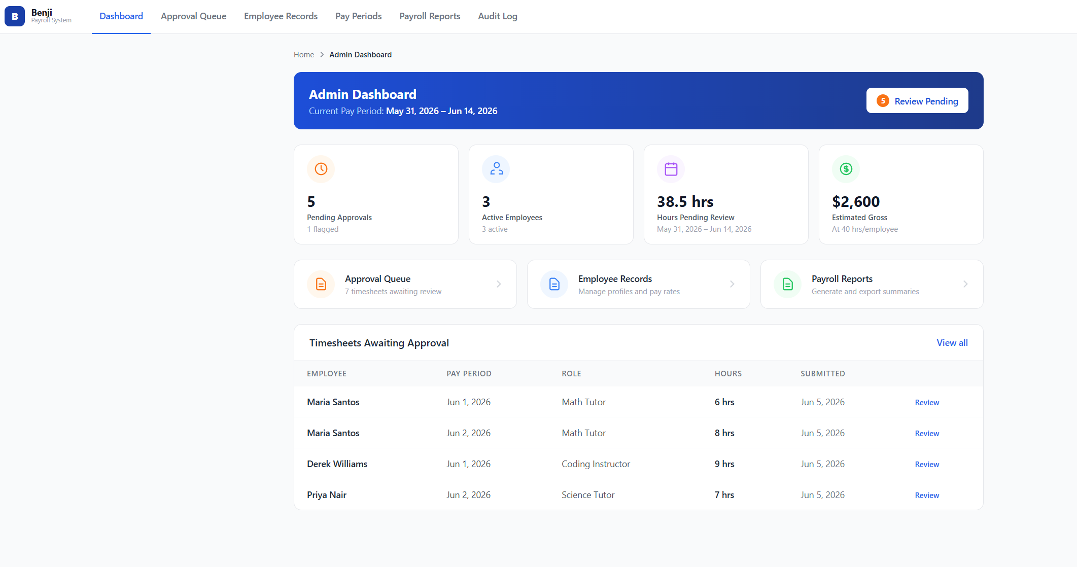 Benji payroll dashboard preview