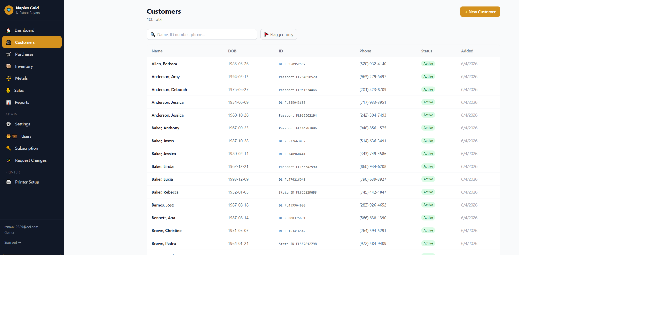 SDMS customer management table with seller records and ID fields