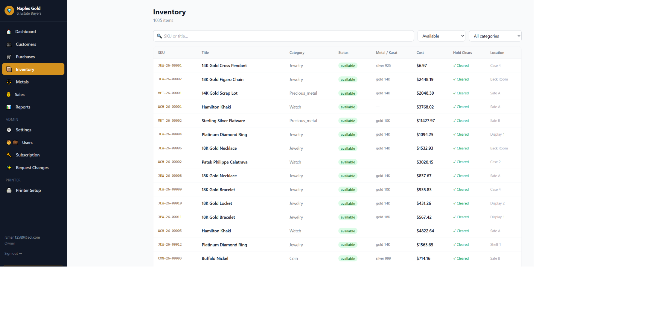 SDMS inventory table with SKU, category, status, cost, and hold clearance