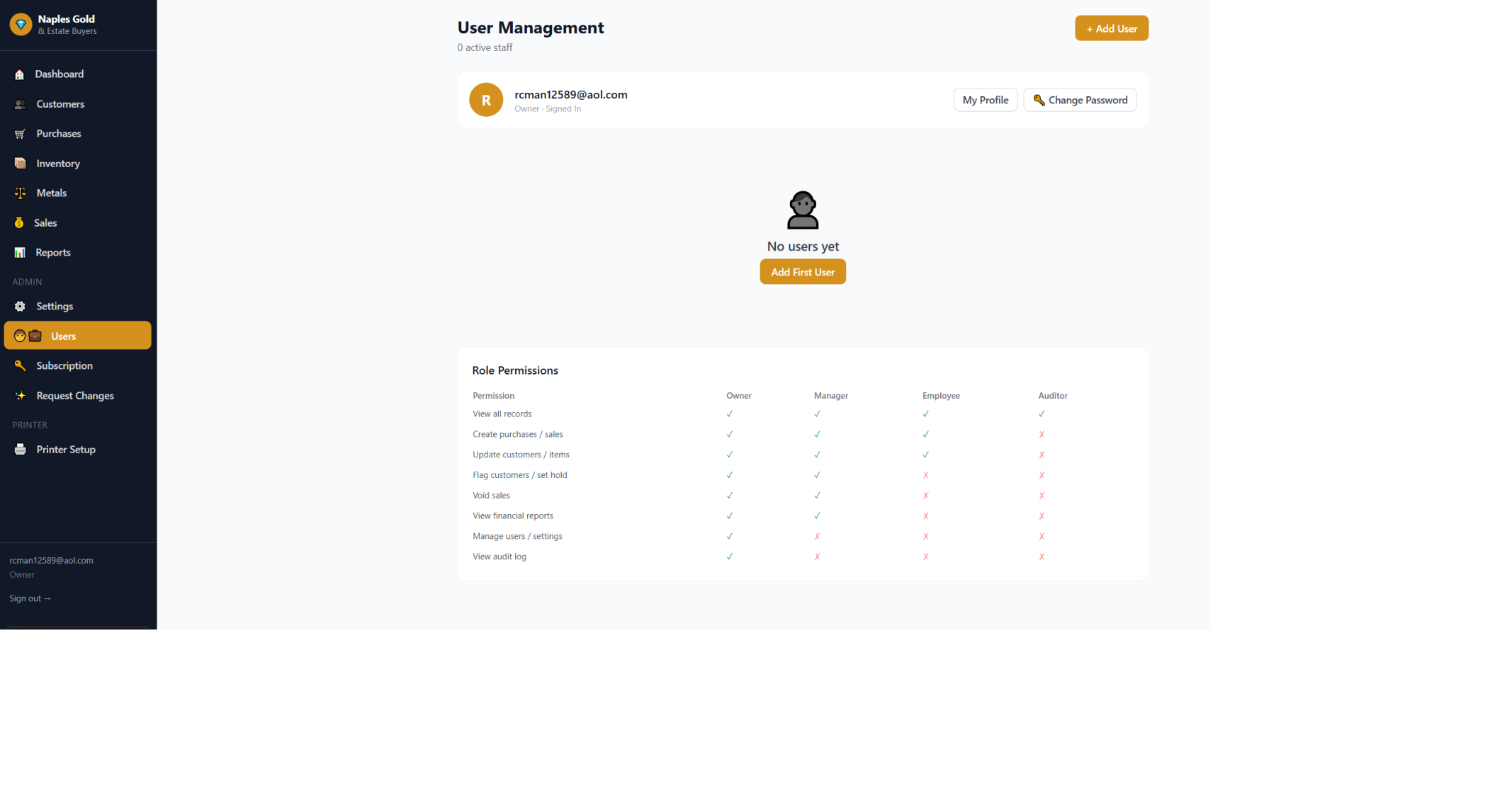 SDMS user management page with role permissions